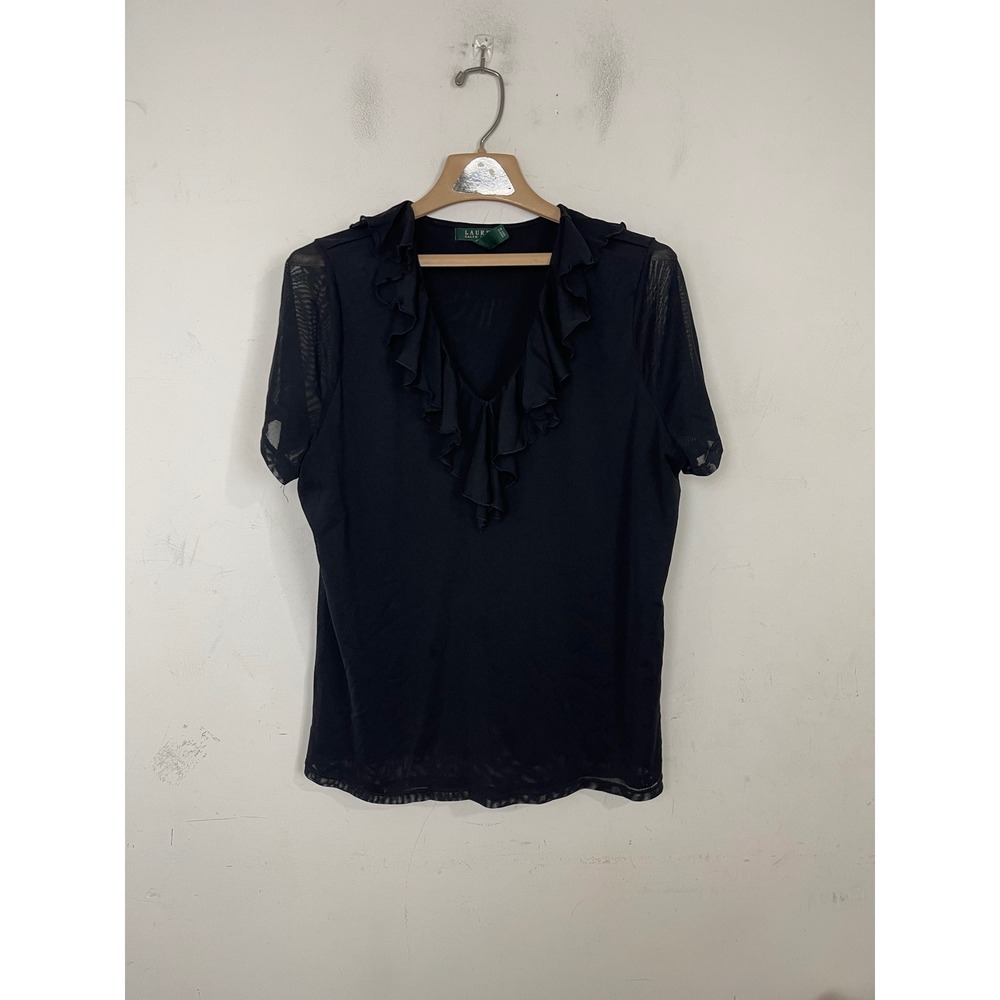 Lauren Ralph Lauren Womens 2X Black Mesh Ruffle V-Neck Short Sleeve Blouse Top